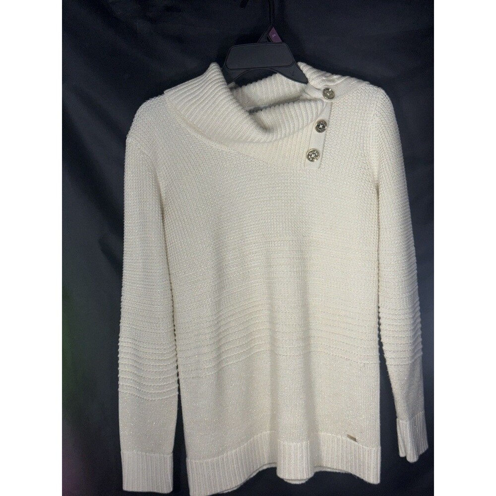 Calvin Klein Shimmer Glitter Gold Ribbed Knit Button Neck Pullover Sweater SzM